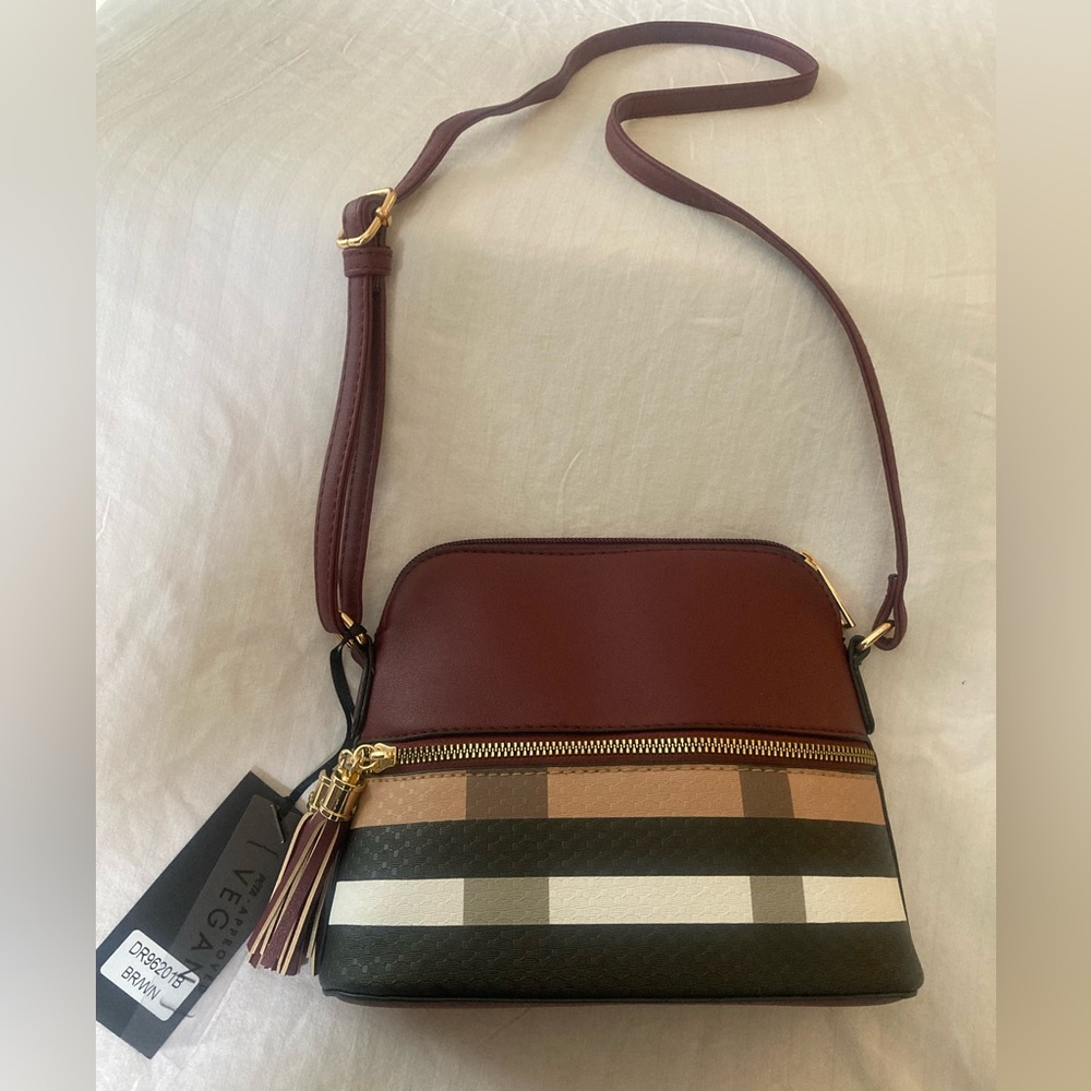 Burgundy and Multicolor Plaid Vegan Leather Crossbody Bag - Picture 14 of 16
